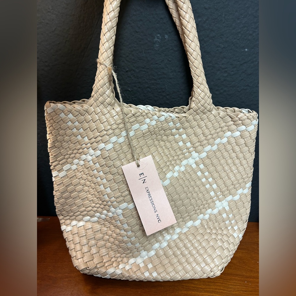E/N Expressions NYC Vegan‎ Leather Woven Shoulder Tote Bag Beige and cream NWT